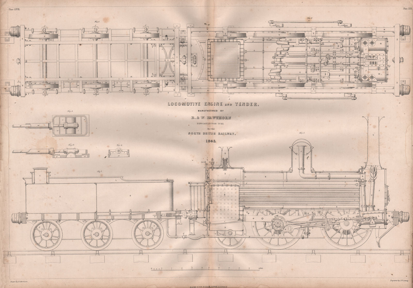 19C ENGINEERING DRAWING Locomotive engine & tender North British Railway 1847